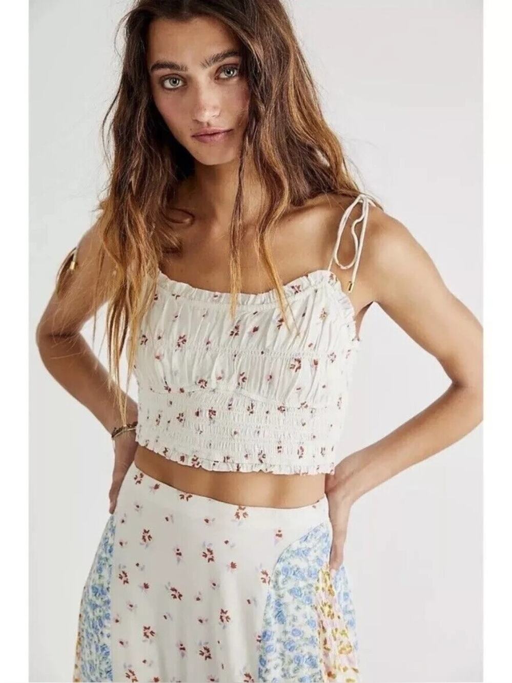 Free Poeple Kaia Smocked Tie Strap Cropped Floral Print Tank Top Size XS